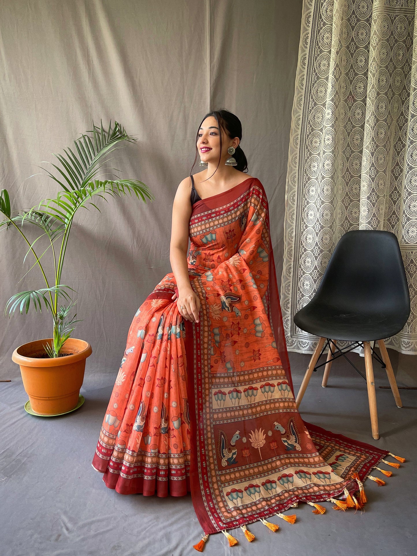 ORANGE KALAMKARI PRINTED COTTON SILK SAREE