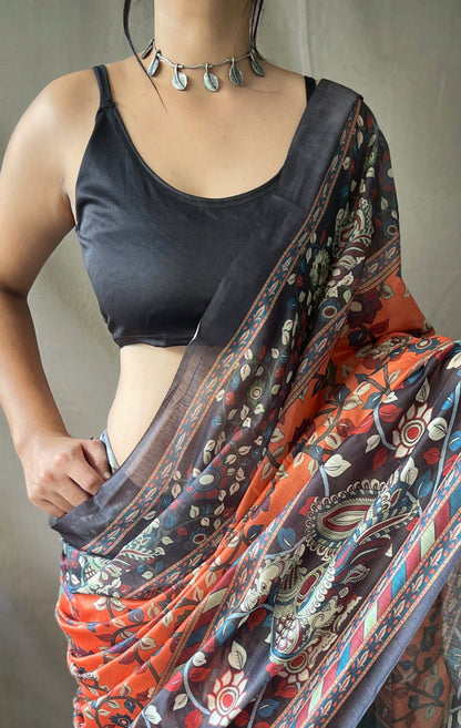 Orange Color Pure Cotton Kalamkari Digital Printed Saree with Tassels