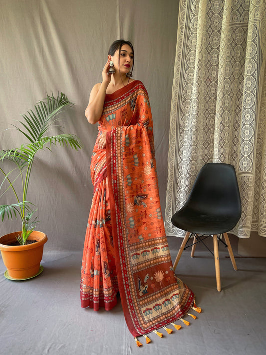 ORANGE KALAMKARI PRINTED COTTON SILK SAREE