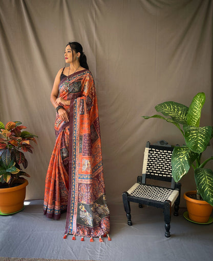 Orange Soft Cotton Kalamkari Prints Saree