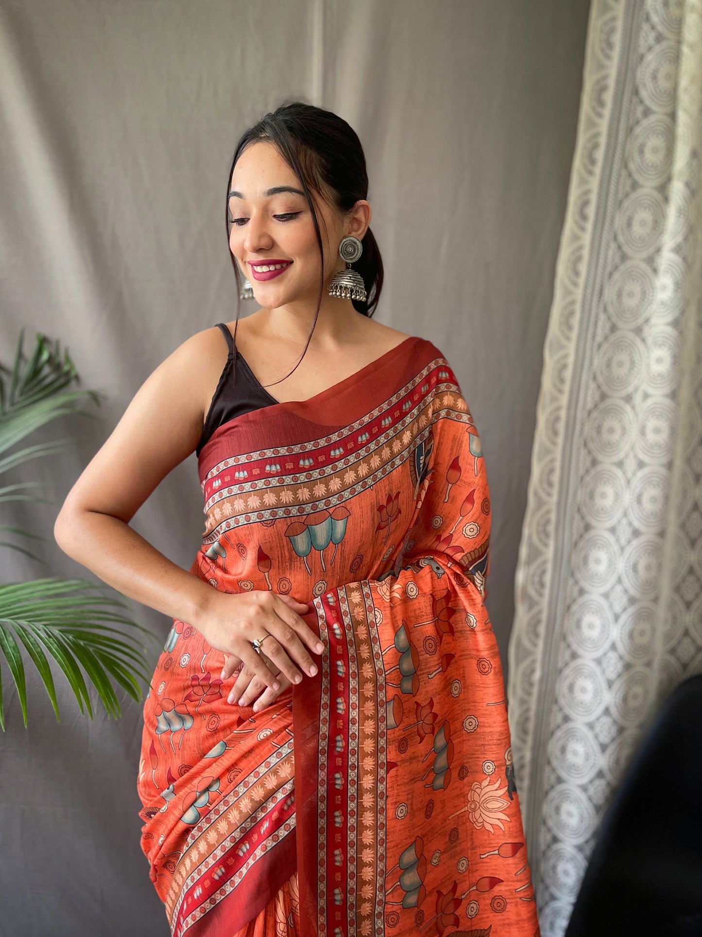 ORANGE KALAMKARI PRINTED COTTON SILK SAREE