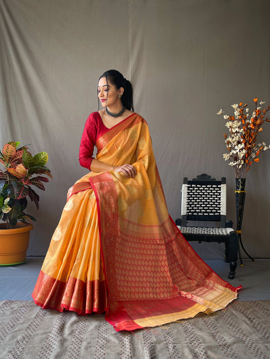 Orange Soft Linen Weaving Sarees With Contrast Weaving Border And Pallu. Paired With Contrast Unstitched Blouse