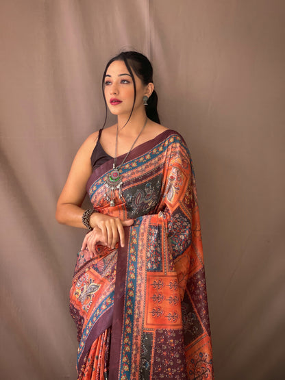 Orange Soft Cotton Kalamkari Prints Saree