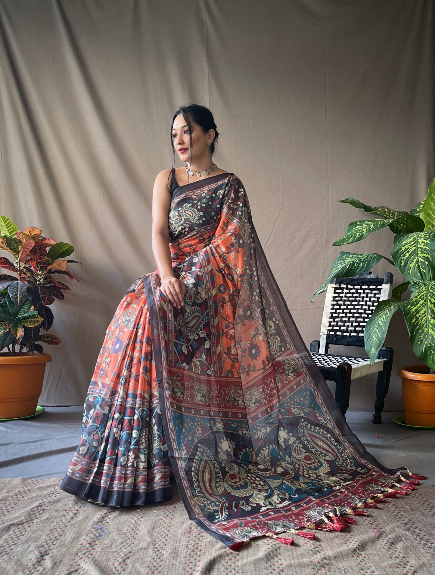 Orange Color Pure Cotton Kalamkari Digital Printed Saree with Tassels