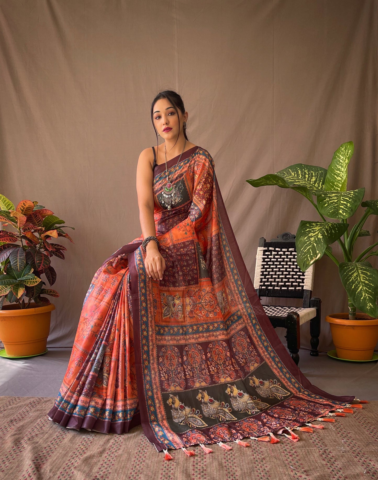 Orange Soft Cotton Kalamkari Prints Saree