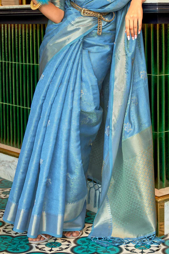 Sky Blue Handloom Weaving Organza Saree