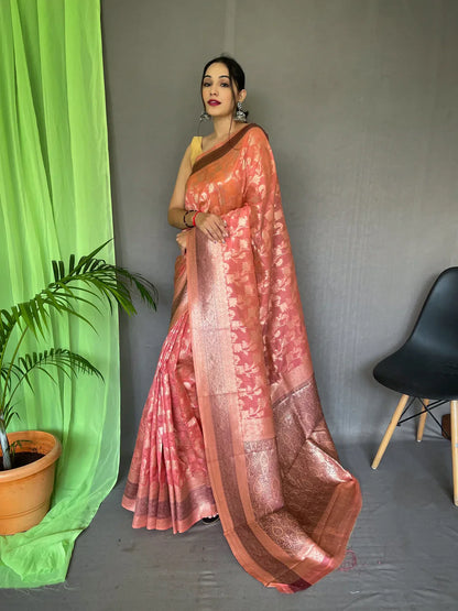 Organza Jaal Woven Saree Coral Pink