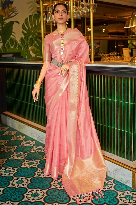 Rose Pink Handloom Weaving Organza Saree