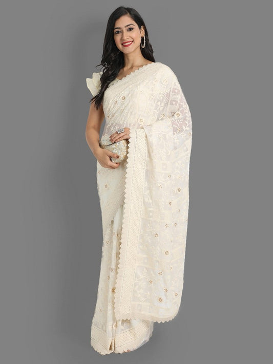 White Colour Faux Georgette Beautiful Lakhnavi Work Saree