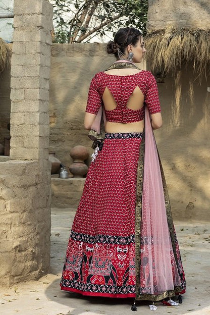 Red Color Printed Art Silk Lehenga Choli With Dupatta