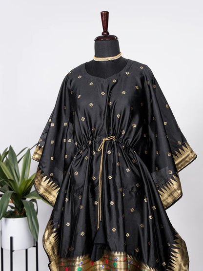 Black Color Weaving Zari Work Jacquard Paithani Kaftan Dress