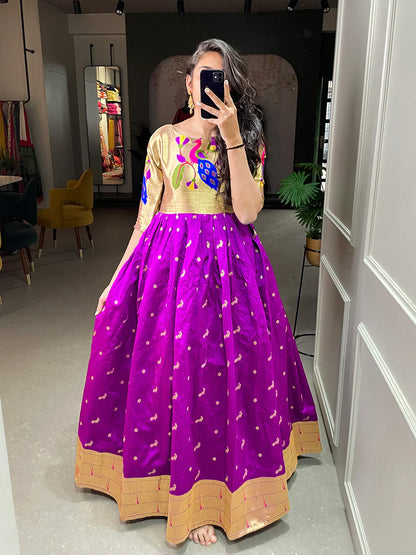 Purple Color Weaving Zari Work Jacquard Silk Paithani Gown