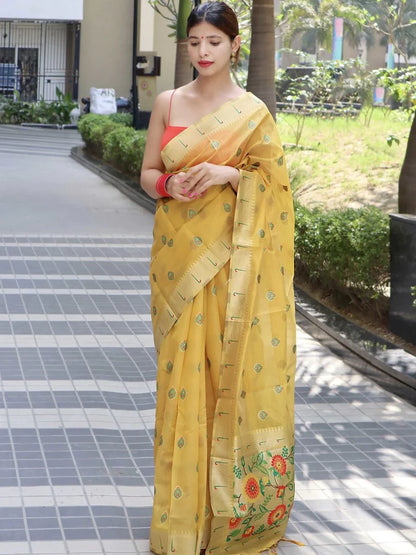 Paithani Organza Woven Saree Pastel Yellow