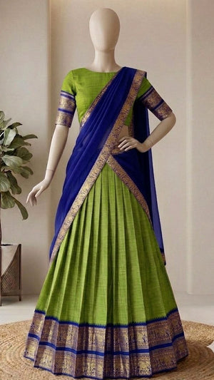 Parrot Green and Royal Blue Kanci Cotton Zari Weaving Work South Indian Half Saree Langa Voni Set flat lay view by The Beauty Queen