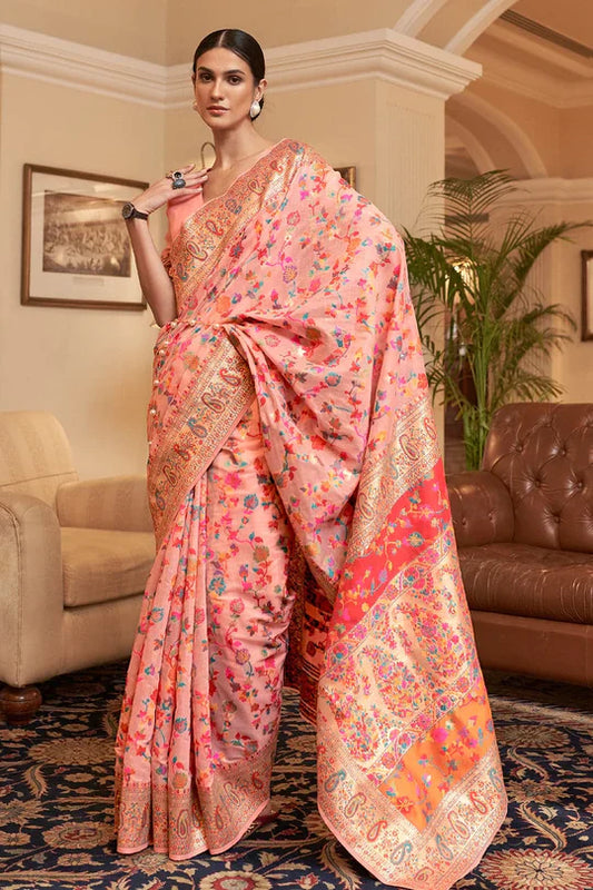 Coral Peach Kashmiri Modal Handloom Weaving Saree