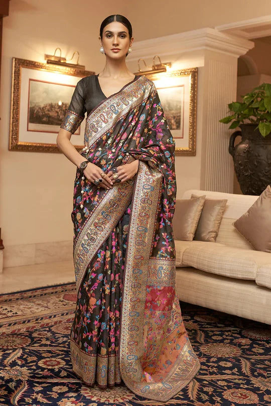 Berry Black Kashmiri Modal Handloom Weaving Saree