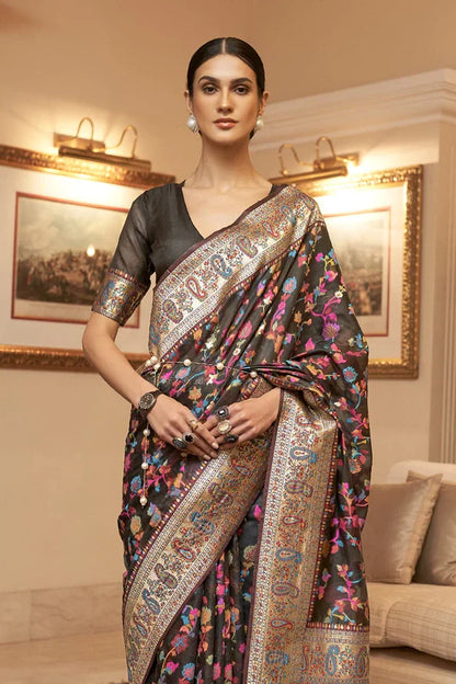 Berry Black Kashmiri Modal Handloom Weaving Saree