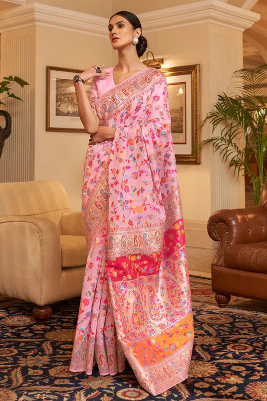 Rose Pink Kashmiri Modal Handloom Weaving Saree