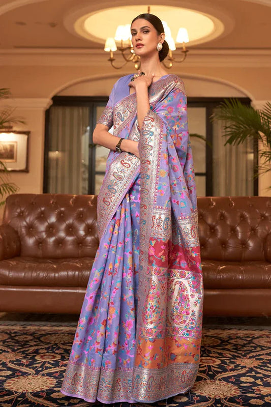 Lilac Purple Kashmiri Modal Handloom Weaving Saree