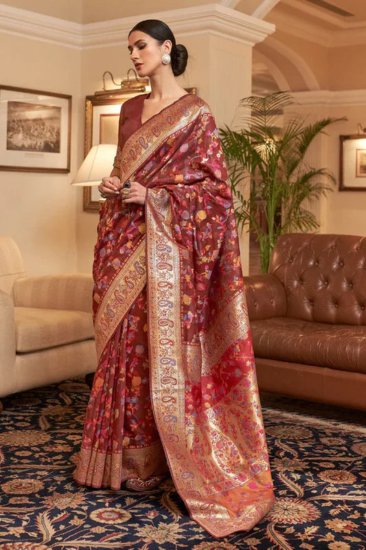 Maroon Kashmiri Modal Handloom Weaving Saree