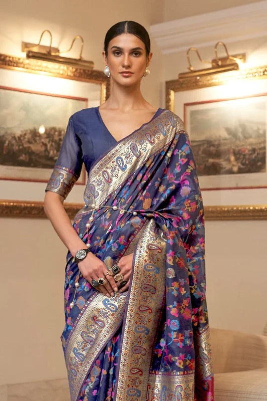 Midnight  Blue Kashmiri Modal Handloom Weaving Saree