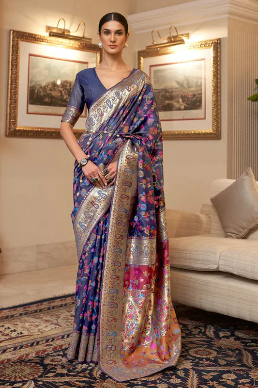 Midnight  Blue Kashmiri Modal Handloom Weaving Saree
