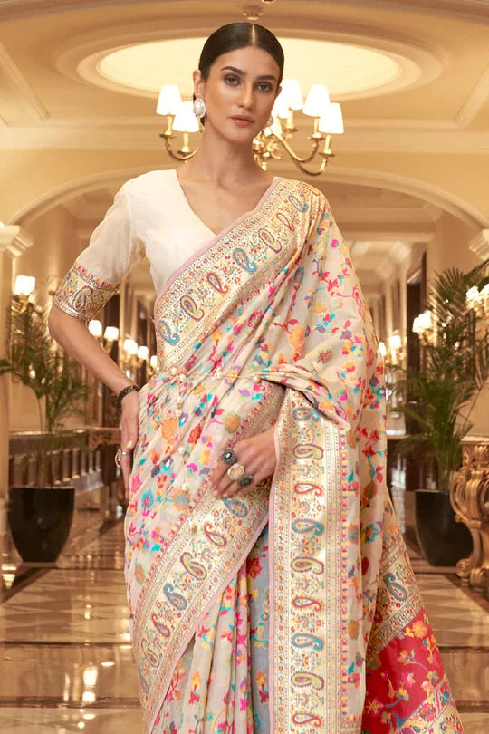 Creamy Off - White Kashmiri Modal Handloom Weaving Saree