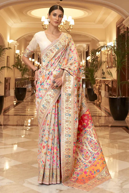 Creamy Off - White Kashmiri Modal Handloom Weaving Saree