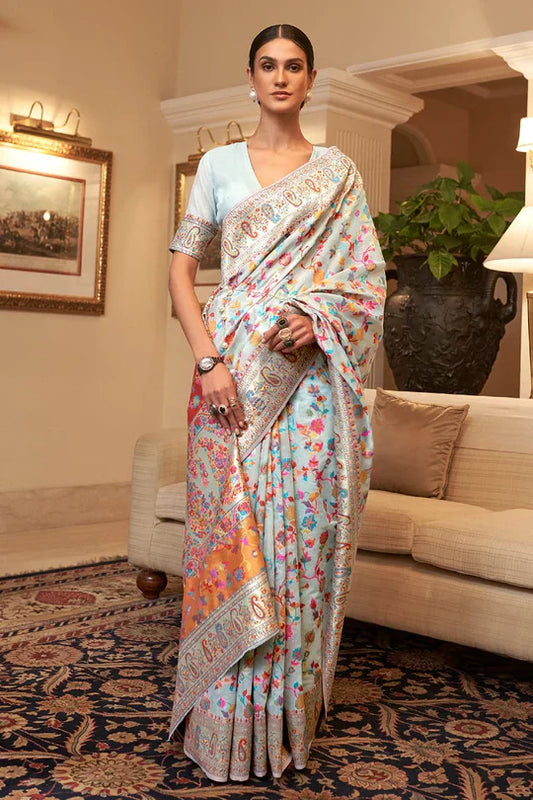 Water Blue Kashmiri Modal Handloom Weaving Saree