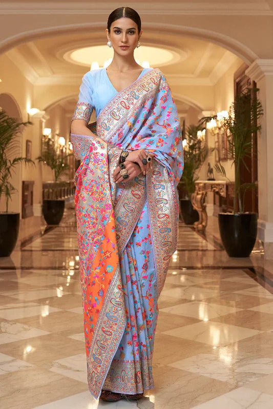 Sky Blue Kashmiri Modal Handloom Weaving Saree