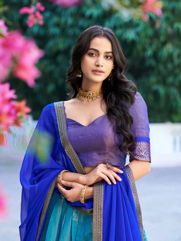 Royal Blue Kanchipuram Silk Lehenga Choli – Traditional Zari Weaving Work South Indian Set