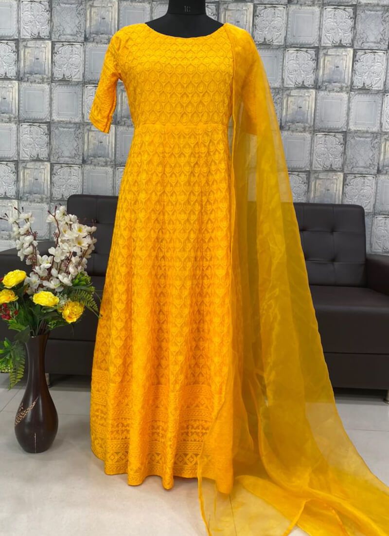 Sunshine Yellow Color Georgette Base Heavy Worked Gown