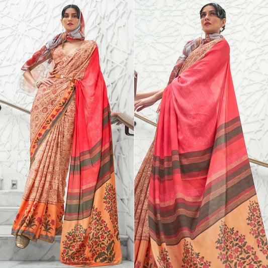 Peach Partywear Floral Digital Printed Silk Saree