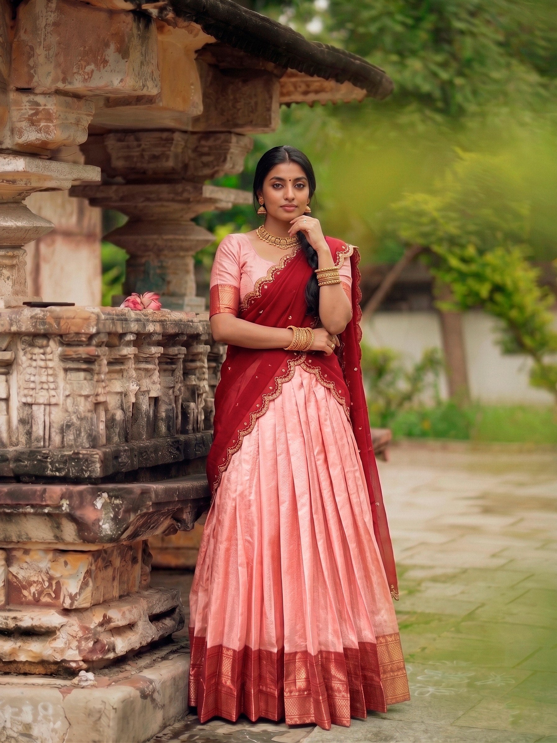 Peach Pink and Maroon Cotton Silk Zari Weaving Work South Indian Half Saree Lehenga Choli Set with Cutwork Dupatta by The Beauty Queen