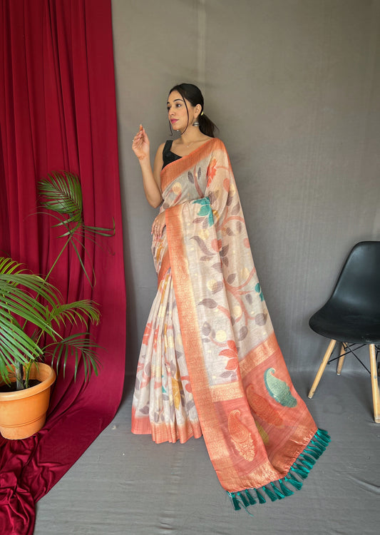 Peach Chanderi Silk With Digital Printed Silk Saree