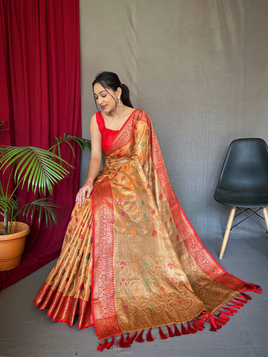 Peach Color Pure Tissue Silk Saree With Zari Weaving