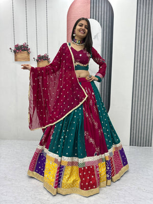 Model wearing Peacock Teal and Maroon Multi-Color Patchwork Fox Georgette Embroidery Thread and Sequin Work Navratri Chaniya Choli Set by The Beauty Queen