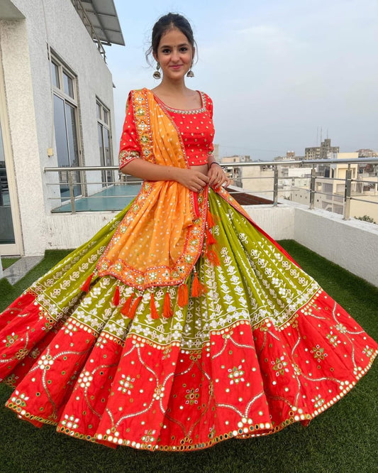 Orange Color Fancy Digital Print And Soft Butter Silk Real Mirror Work Navaratri Lehenga Choli