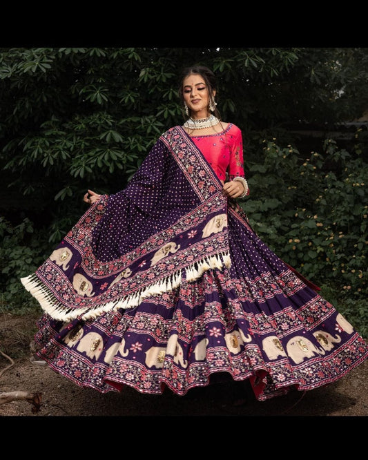 Multi Pink Color Fancy Digital Print Work Real Mirror Work Navaratri Lehenga Choli