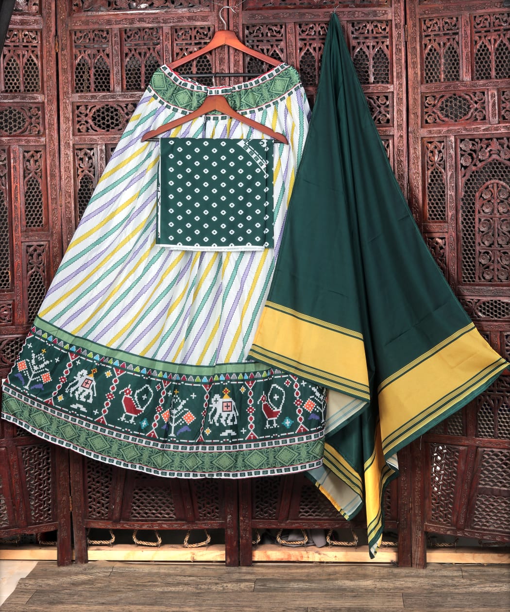 Green Color Fancy Digital Print Work Soft Chinon Silk Navaratri Lehenga Choli