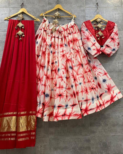 Red Color Fancy Digital Print Work Soft Chinon Silk Navaratri Lehenga Choli