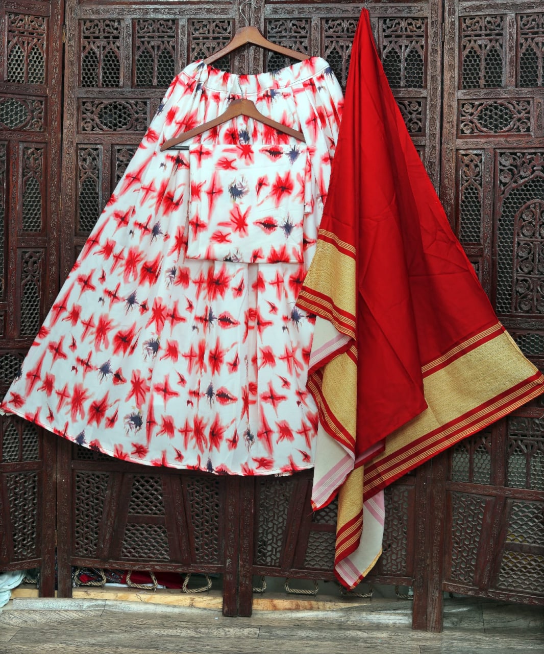 Red Color Fancy Digital Print Work Soft Chinon Silk Navaratri Lehenga Choli