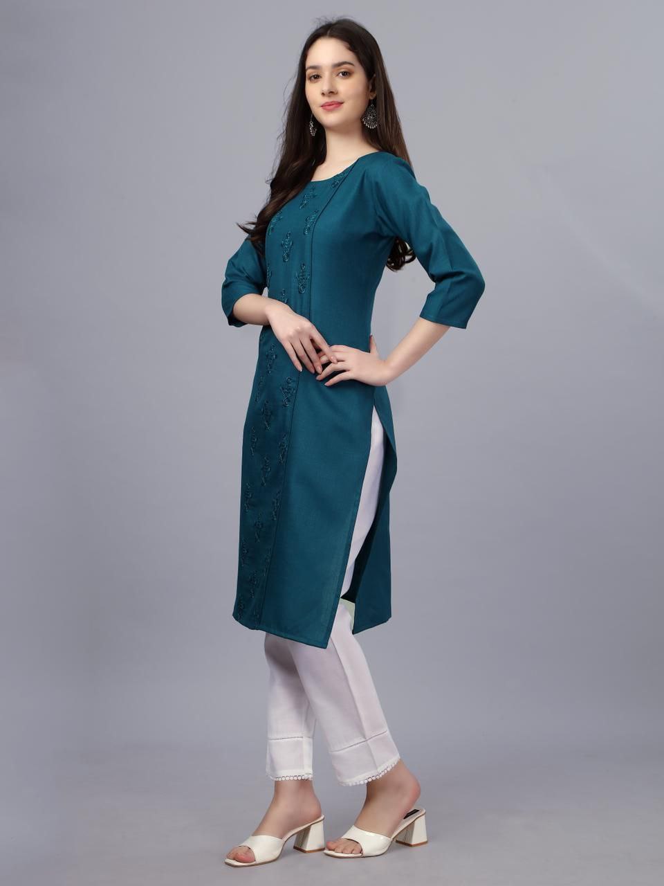 Bottle Green Color Fully Stiched Casual Embroidery Kurti