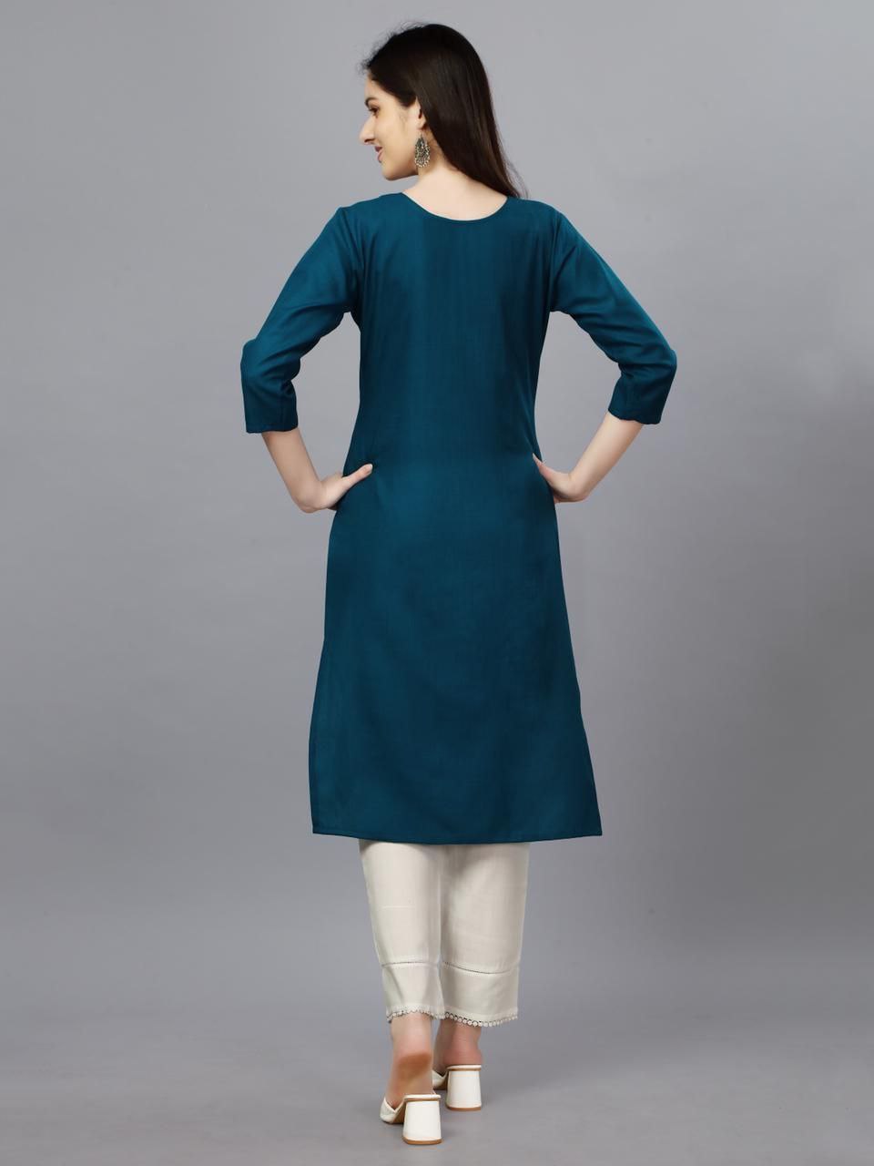 Bottle Green Color Fully Stiched Casual Embroidery Kurti