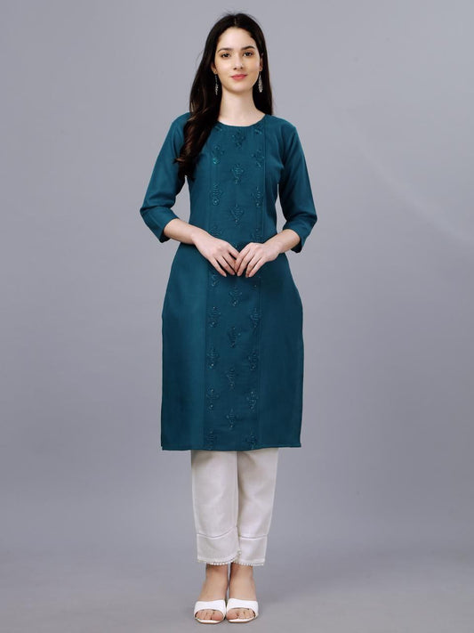 Bottle Green Color Fully Stiched Casual Embroidery Kurti