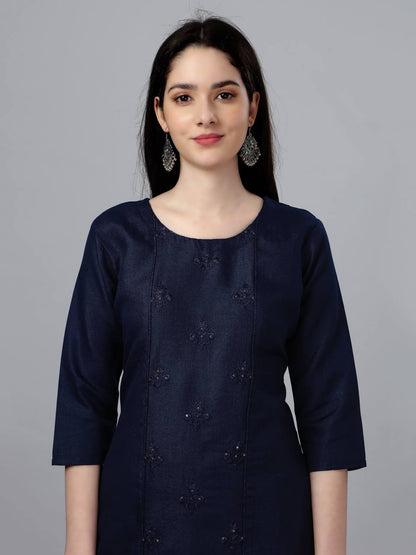 Dark Blue Color Fully Stiched Casual Embroidery Kurti