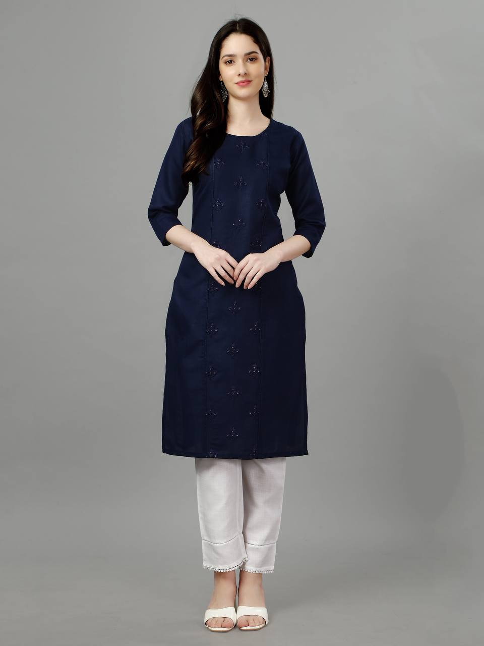 Dark Blue Color Fully Stiched Casual Embroidery Kurti