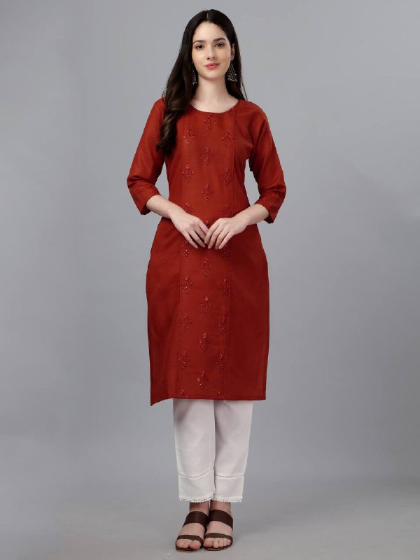 Dark Orange Color Fully Stiched Casual Embroidery Kurti