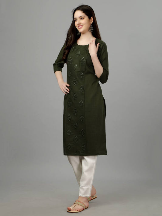 Mehendi Color Fully Stiched Casual Embroidery Kurti