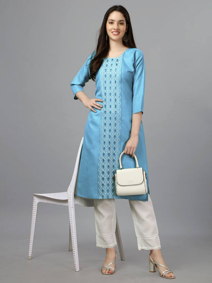 Sky Blue Color Fully Stiched Casual Embroidery Kurti